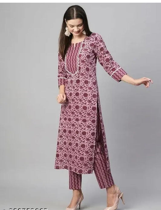 Floral Printed Women Cotton Women Kurta With Pant (2 Psc Set, Size L)