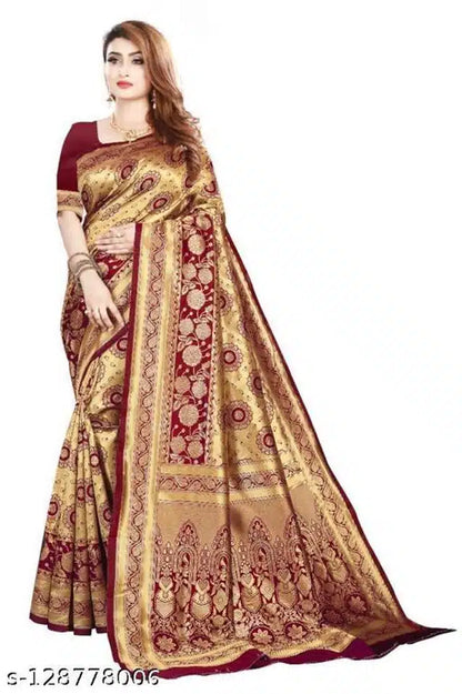 Jacquard Saree With Blouse For Women (Dark Red & Golden work, 6.3M)
